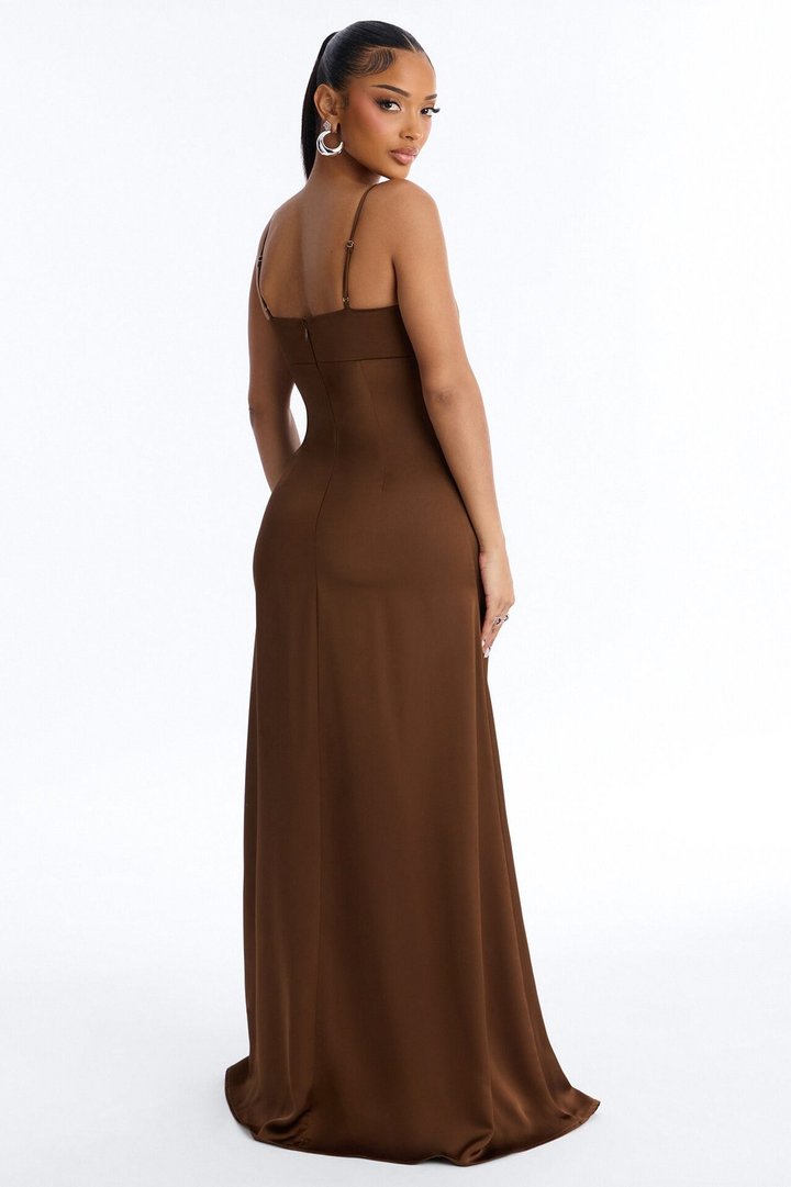 Daisy Embroidered Satin Maxi Dress - Brown