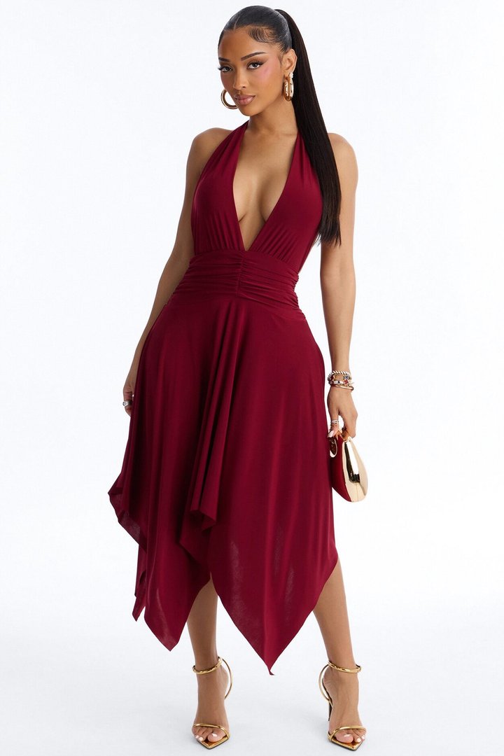 Aubrey Asymmetrical Midi Dress - Wine