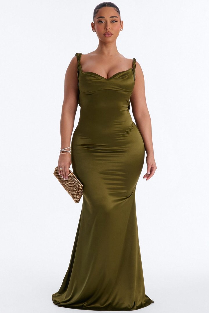 Devoted To You Satin Backless Gown - Olive