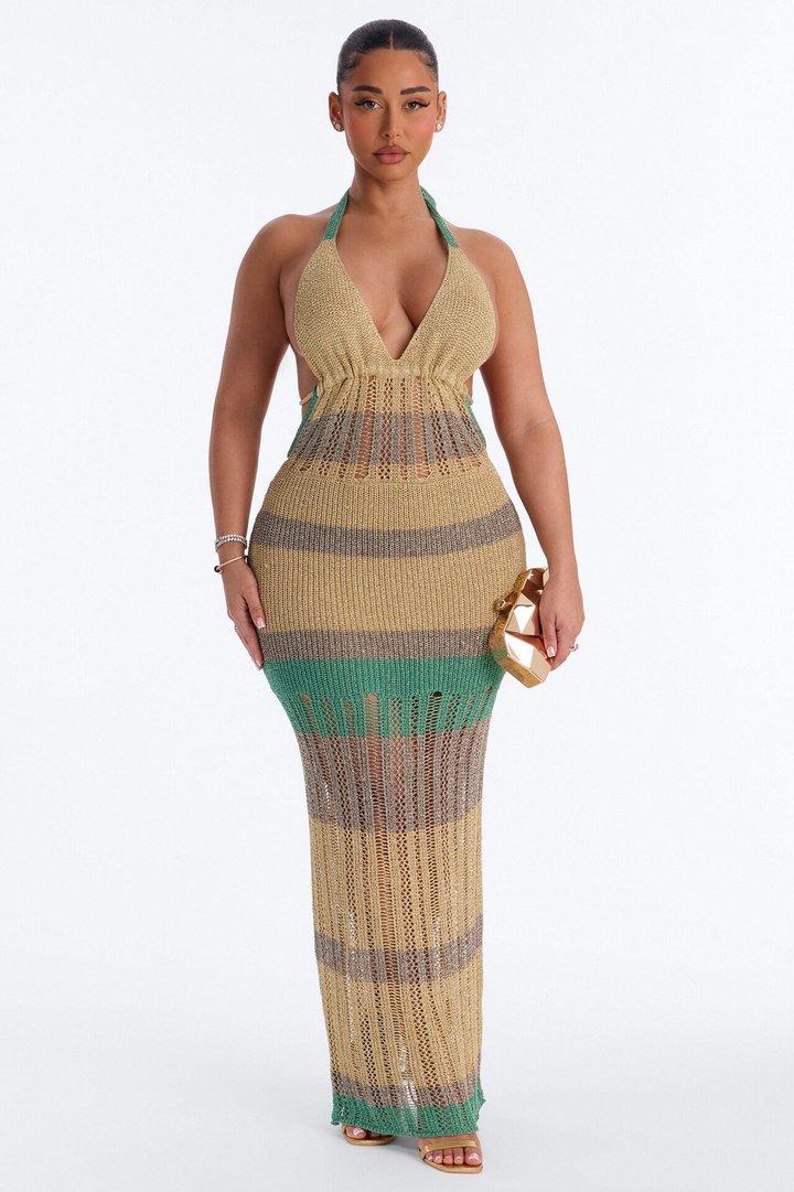 Ocean Goddess Metallic Crochet Maxi Dress - Gold/combo