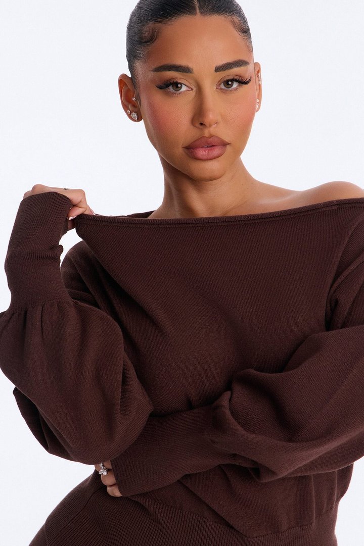 Stephanie Off Shoulder Sweater Micro Short Set - Chocolate