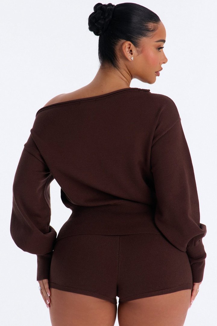 Stephanie Off Shoulder Sweater Micro Short Set - Chocolate