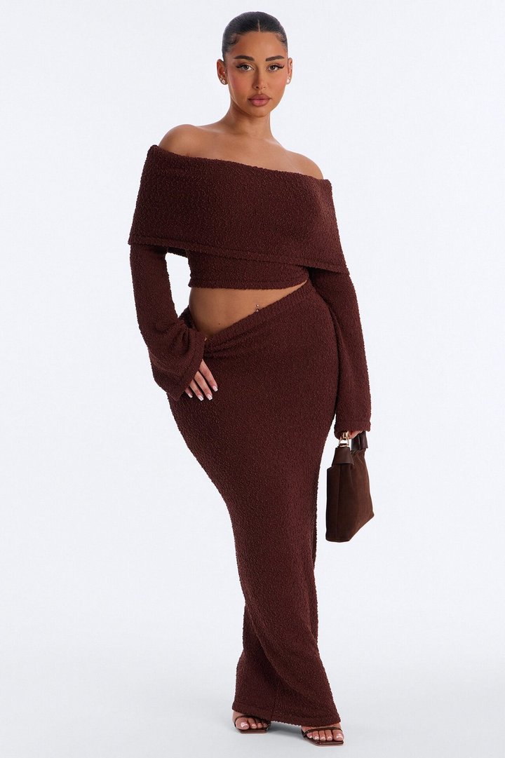 Double Date Off Shoulder Sweater Maxi Skirt Set - Chocolate
