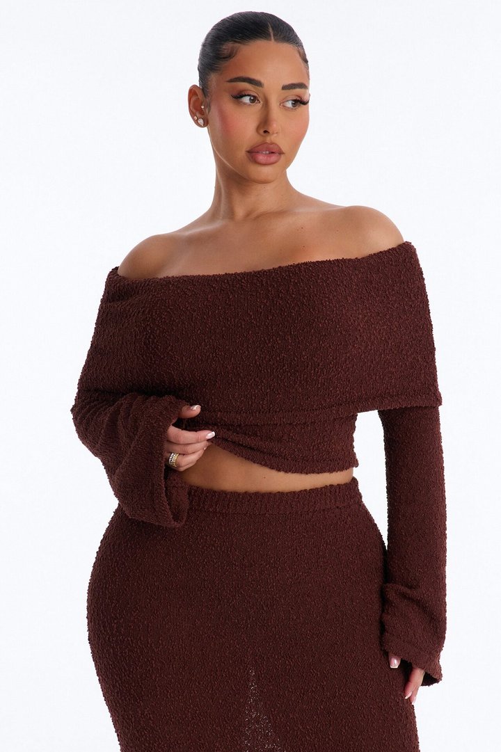 Double Date Off Shoulder Sweater Maxi Skirt Set - Chocolate