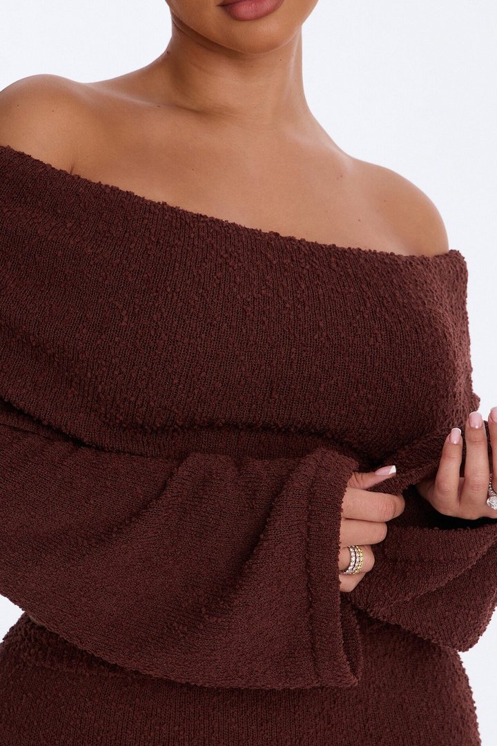 Double Date Off Shoulder Sweater Maxi Skirt Set - Chocolate