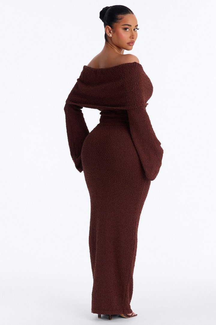 Double Date Off Shoulder Sweater Maxi Skirt Set - Chocolate