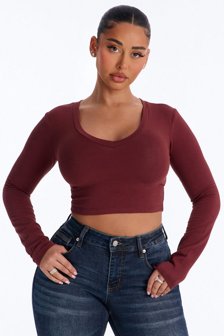 Carly V Neck Crop Long Sleeve Tee - Wine