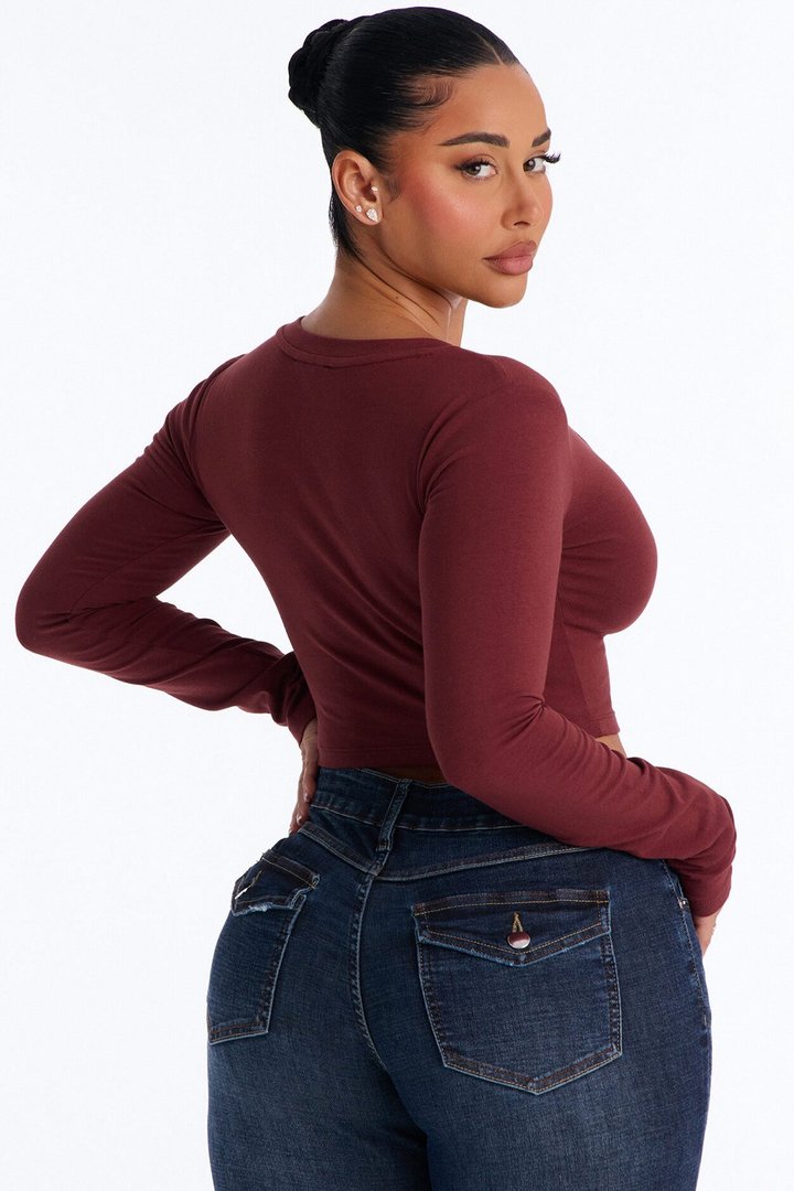 Carly V Neck Crop Long Sleeve Tee - Wine