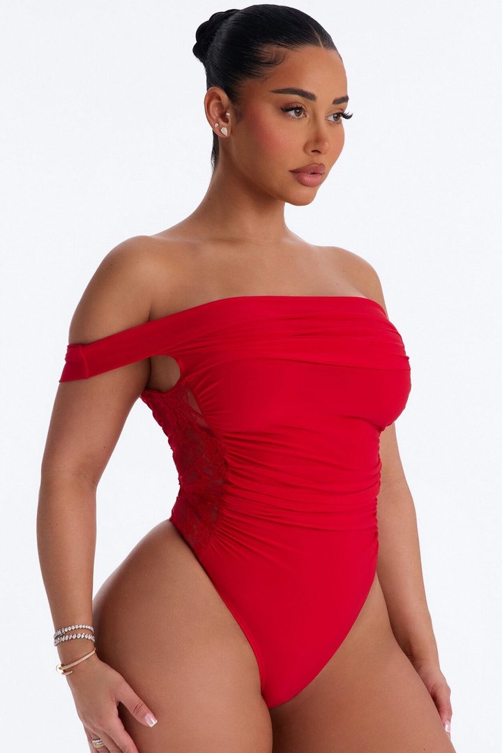 Show A Little Lace Off Shoulder Bodysuit - Red