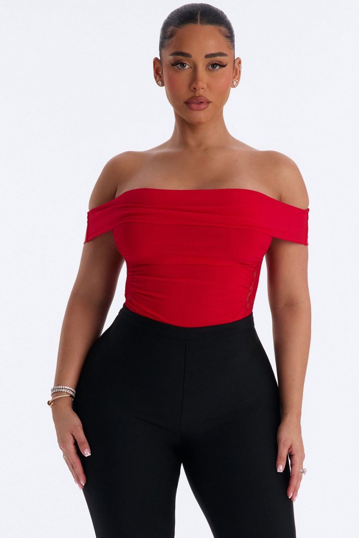 Show A Little Lace Off Shoulder Bodysuit - Red