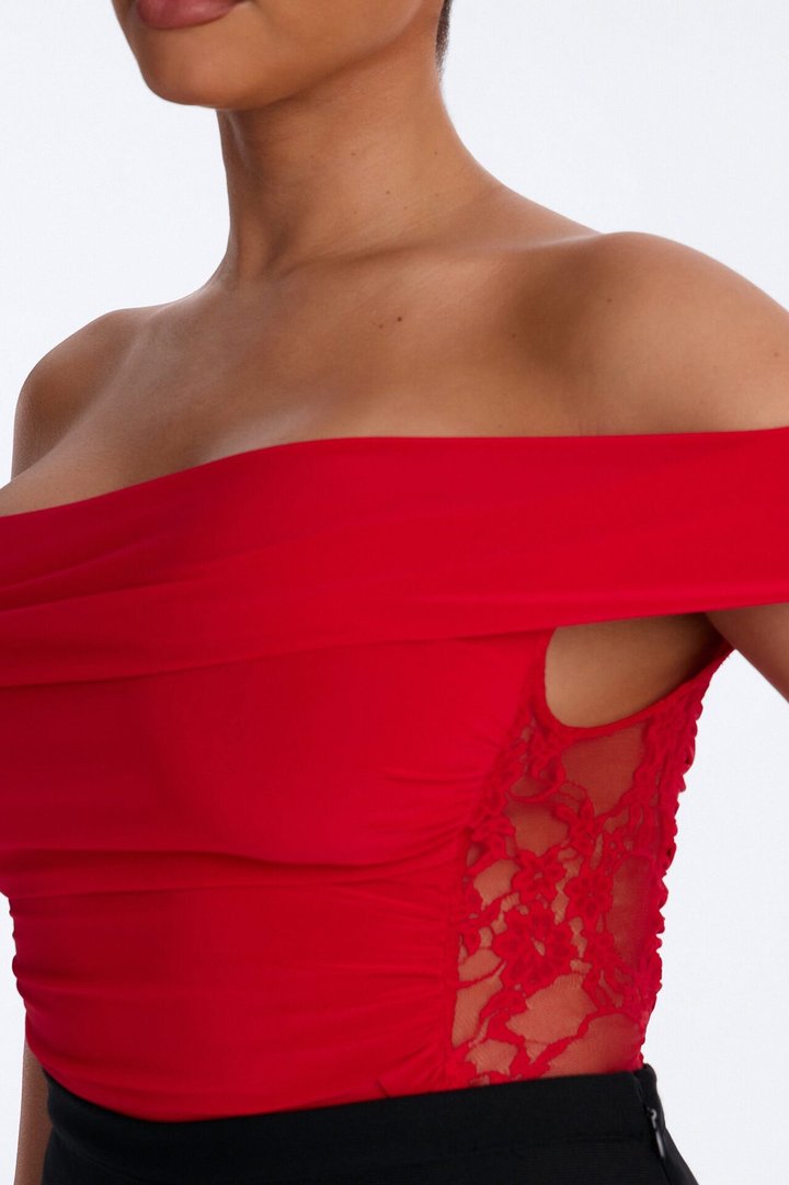 Show A Little Lace Off Shoulder Bodysuit - Red