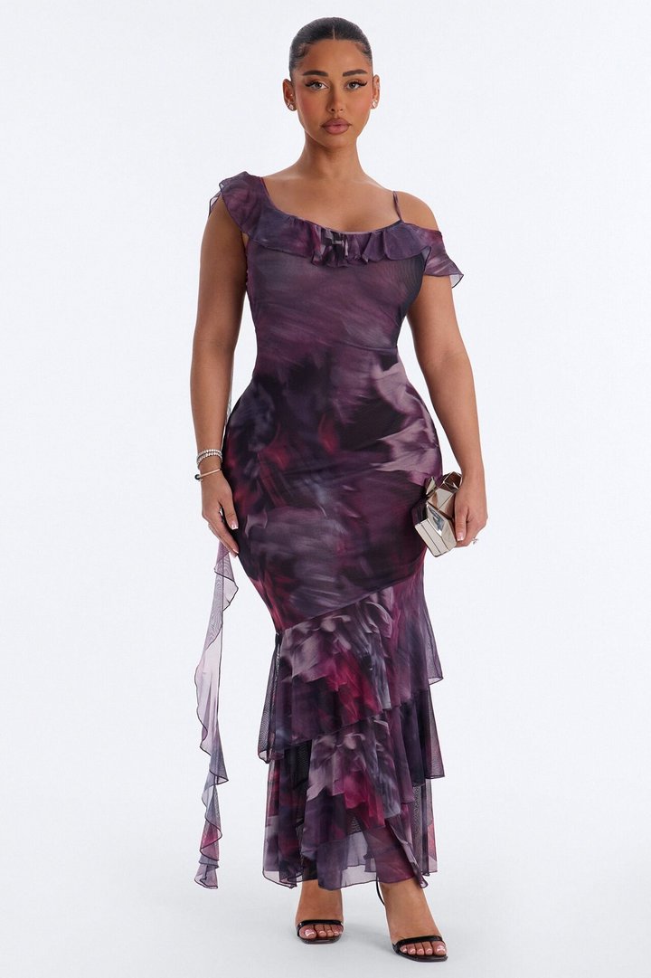 Hopeless Romantic Ruffle Mesh Maxi Dress - Plum/Multi