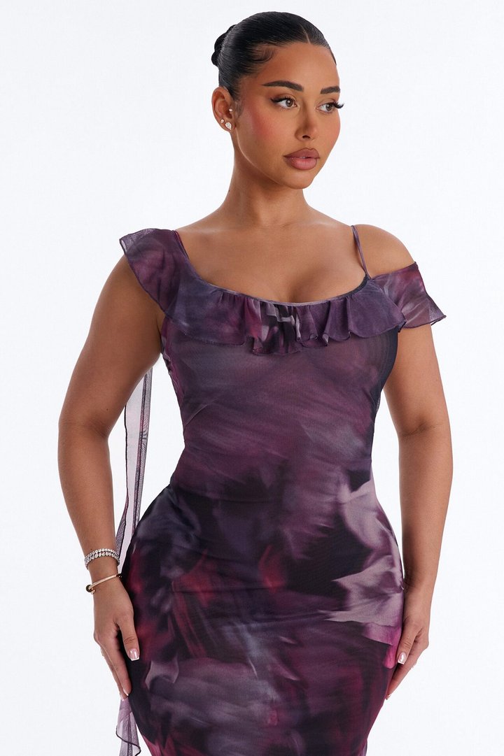 Hopeless Romantic Ruffle Mesh Maxi Dress - Plum/Multi