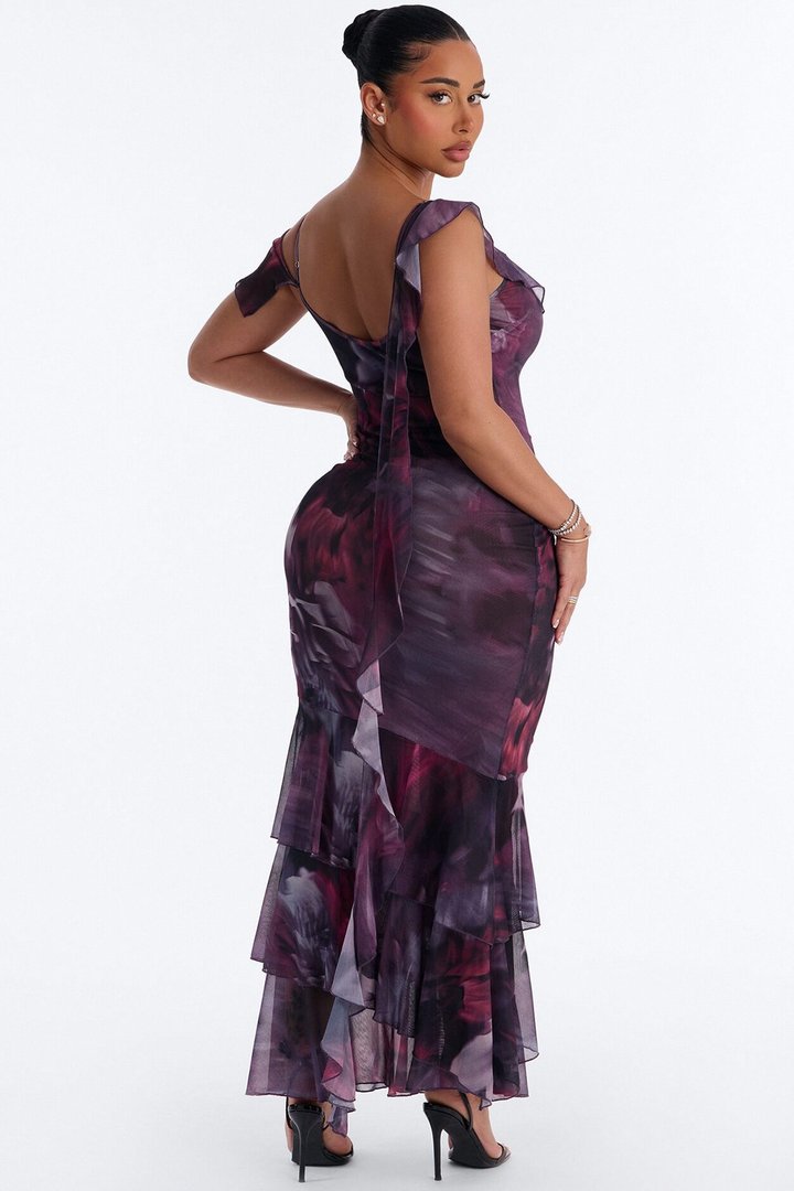 Hopeless Romantic Ruffle Mesh Maxi Dress - Plum/Multi