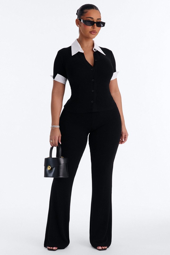 Taylor Short Sleeve Flare Pant Set - Black