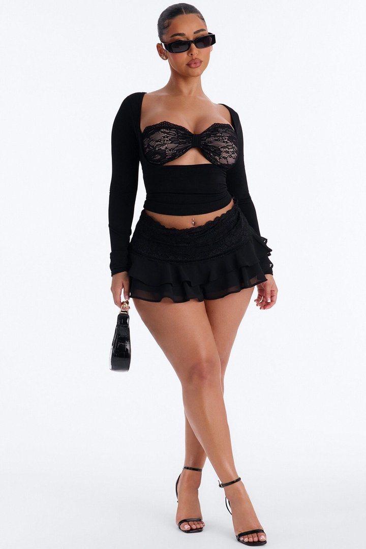 Sophie Lace Cut Out Long Sleeve Top - Black