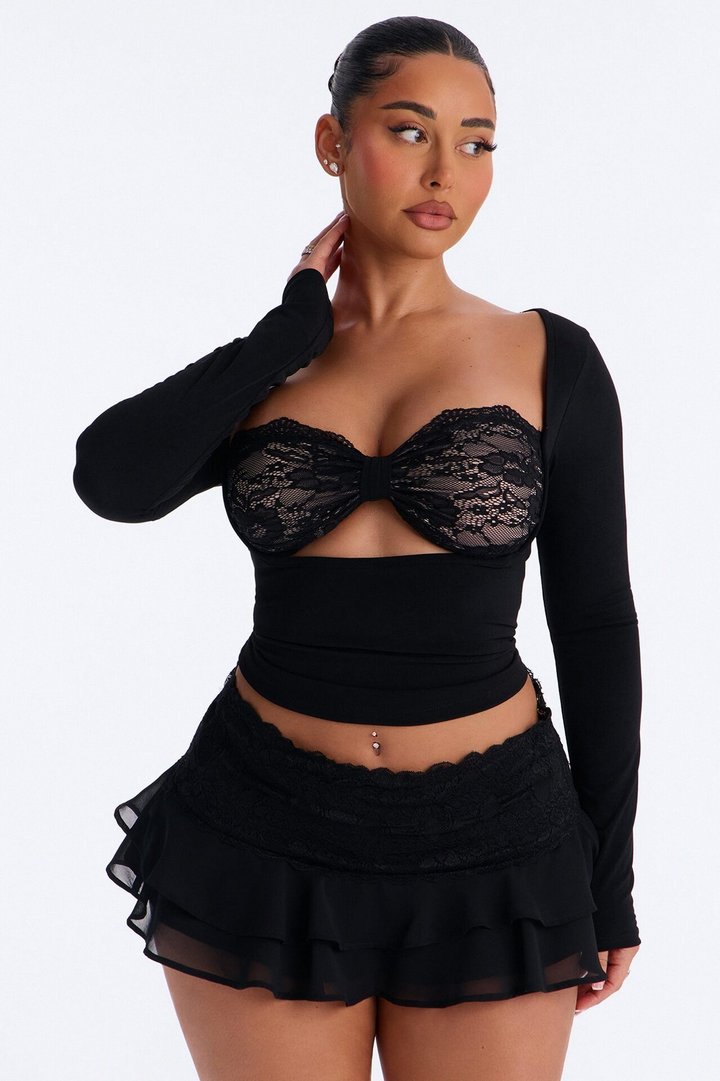 Sophie Lace Cut Out Long Sleeve Top - Black