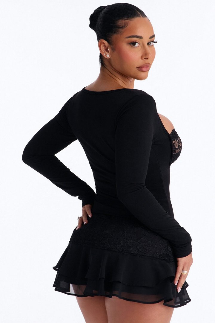 Sophie Lace Cut Out Long Sleeve Top - Black