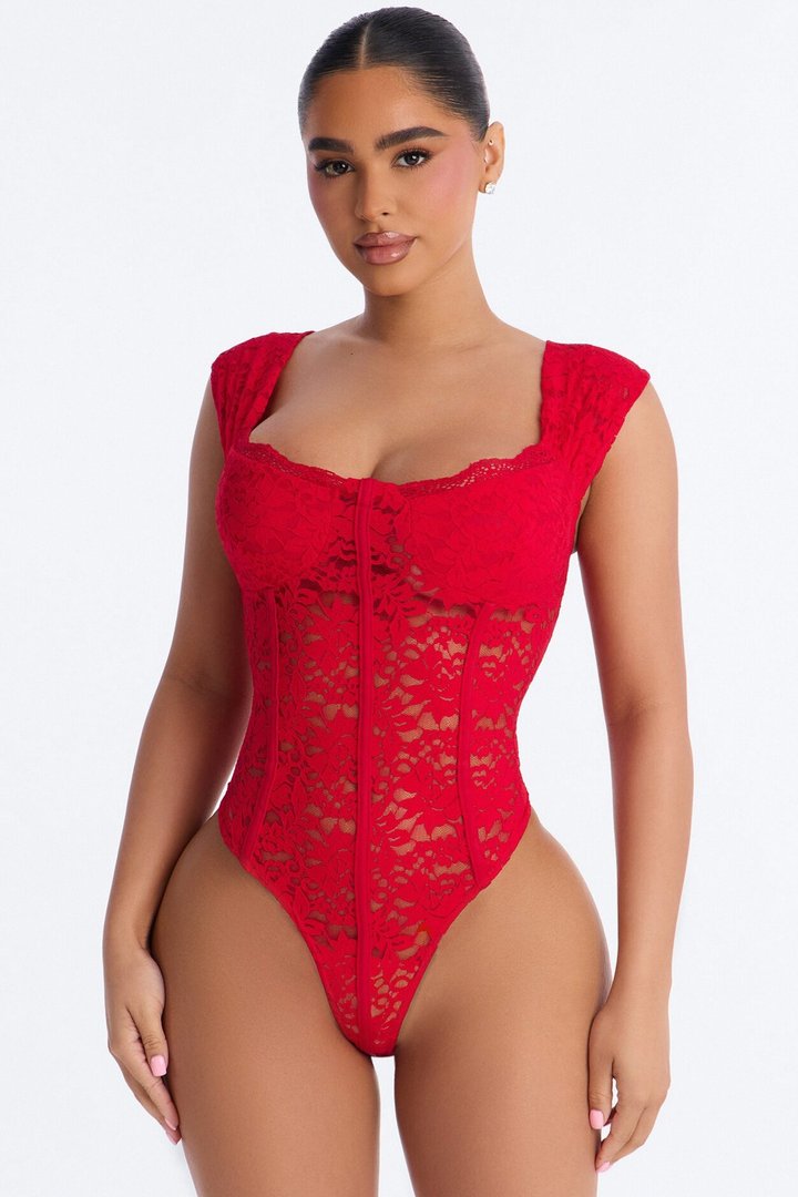 Maria Sheer Lace Short Sleeve Bodysuit - Red