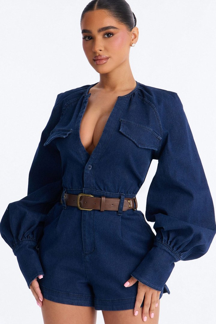 Off To La Quinta Belted Romper - Dark Wash