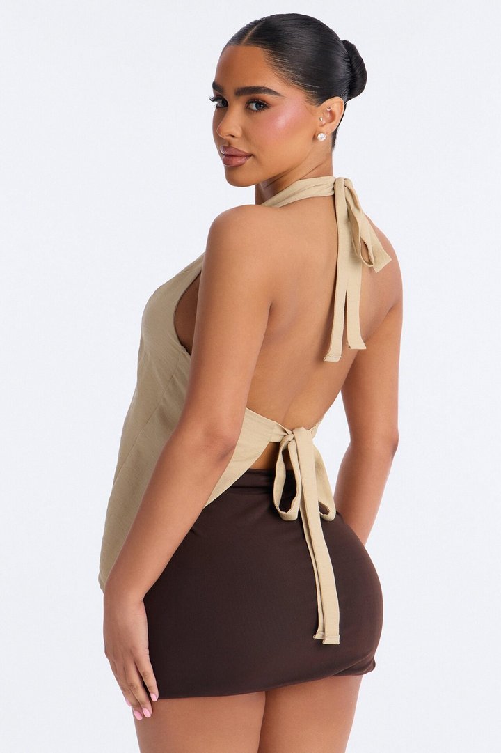 Slow Moments Matter Button Up Linen Halter Top - Beige