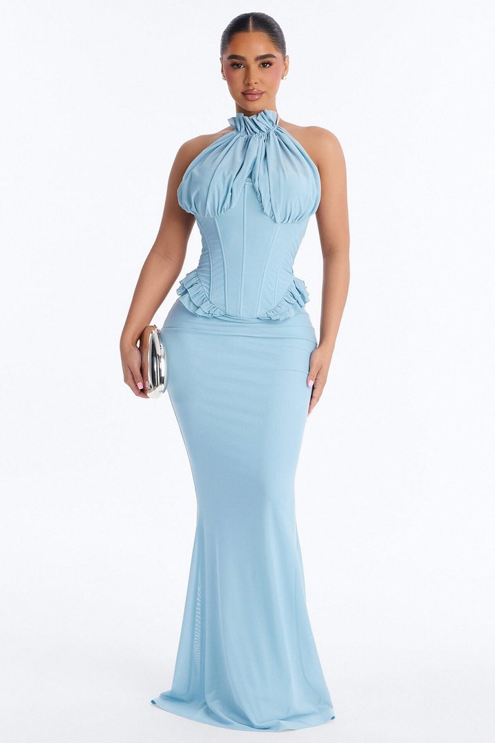 Vintage Mood Mesh Maxi Dress - Dusty Blue