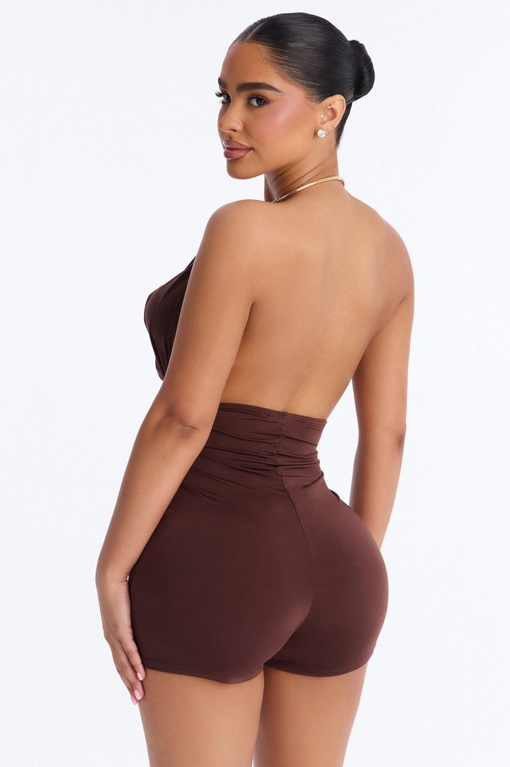 Carli Cowl Metal Halter Romper - Brown