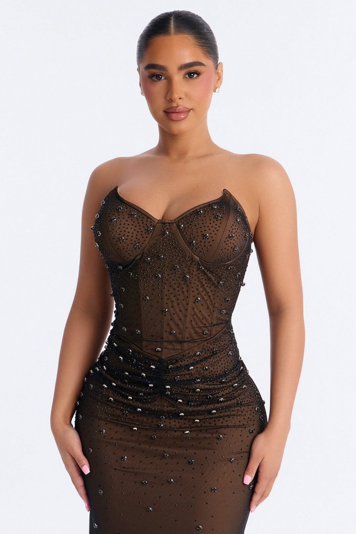 Zola Corset Rhinestone Mesh Gown - Black