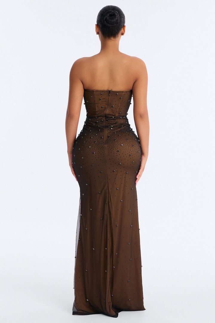 Zola Corset Rhinestone Mesh Gown - Black