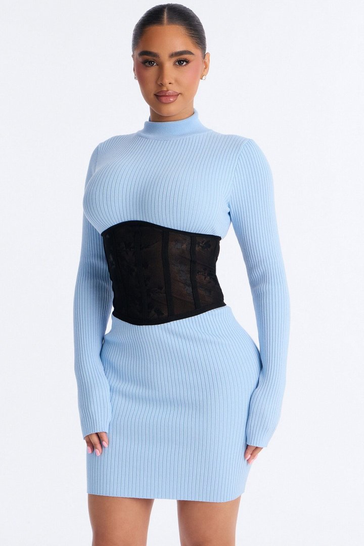 Makenna Corset Waist Sweater Mini Dress - Blue/Black