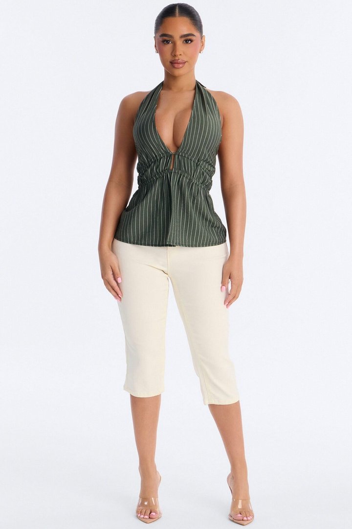 Soft Haze Linen Pinstripe Halter Top - Olive/combo