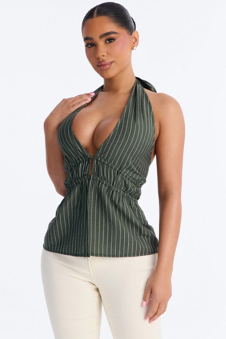 Soft Haze Linen Pinstripe Halter Top - Olive/combo
