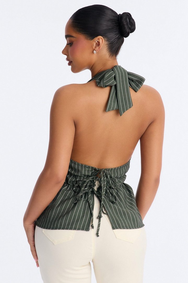 Soft Haze Linen Pinstripe Halter Top - Olive/combo