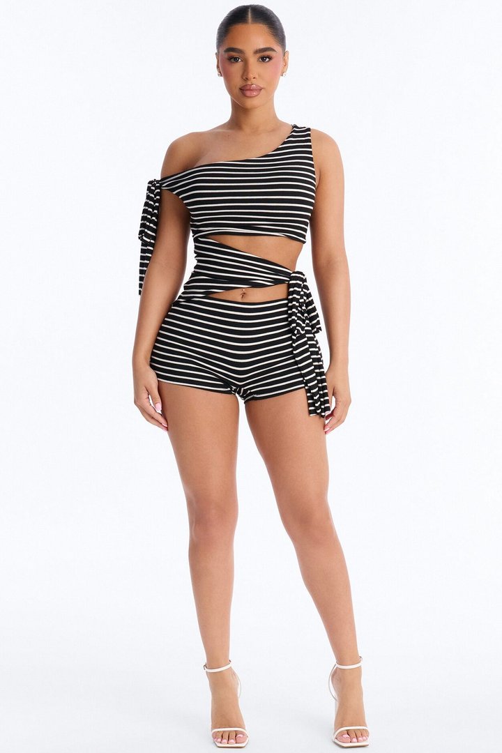Rio Striped Cut Out Romper - Black/White