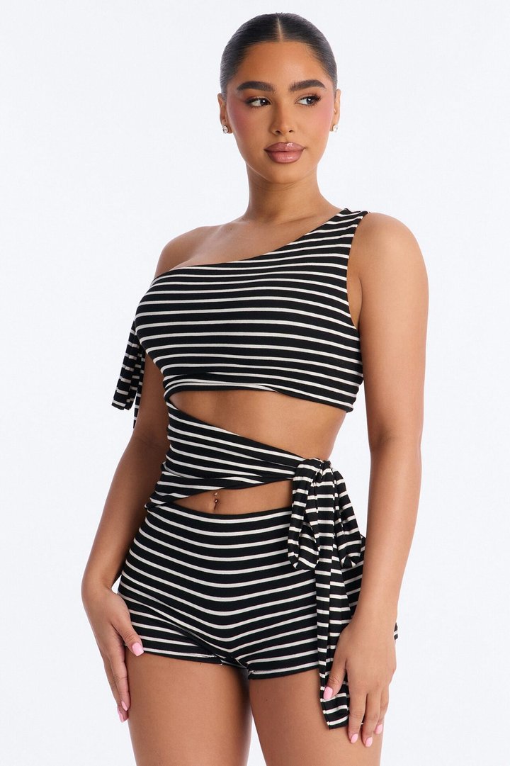 Rio Striped Cut Out Romper - Black/White