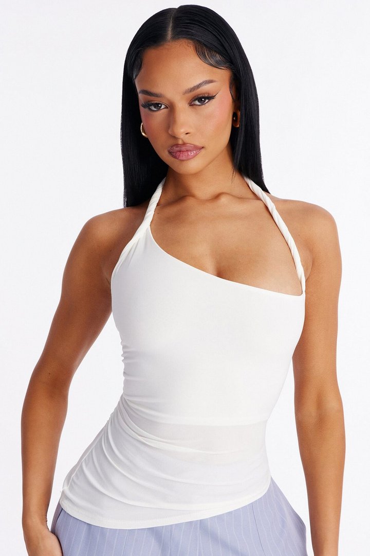 Maddy Asymmetrical Twist Ruched Halter Top - White