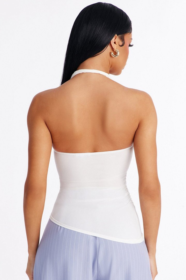 Maddy Asymmetrical Twist Ruched Halter Top - White