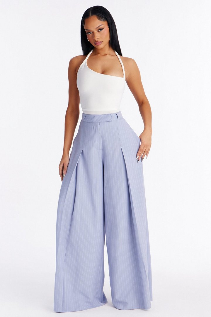 Catch A Break Pinstripe Wide Leg Pant 33″ - Blue/combo