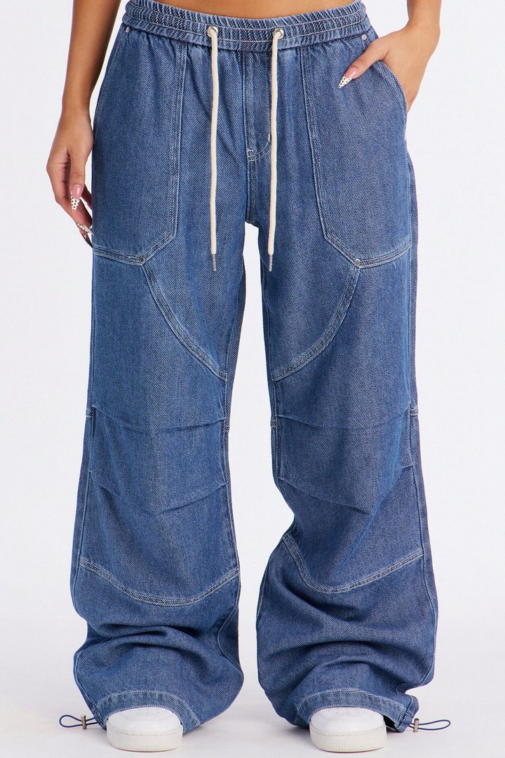 Flying Solo Drapey Tie Waist Jogger Jeans - Medium Wash