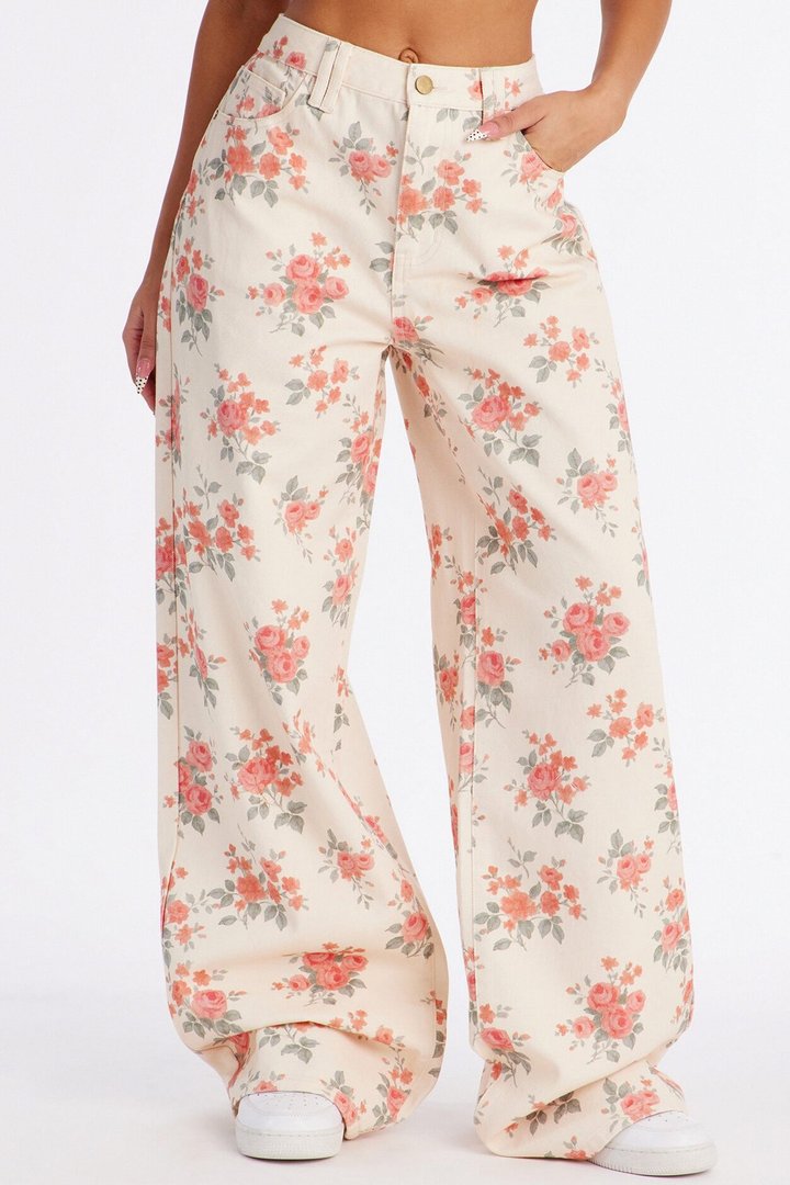 Tea Time Floral Wide Leg Jeans - Cream/combo