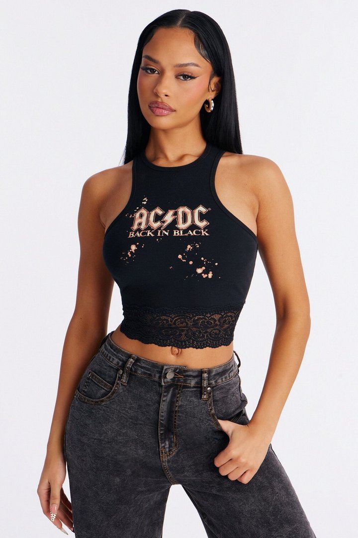 ACDC Cropped Muscle Tank With Lace Trim - Black