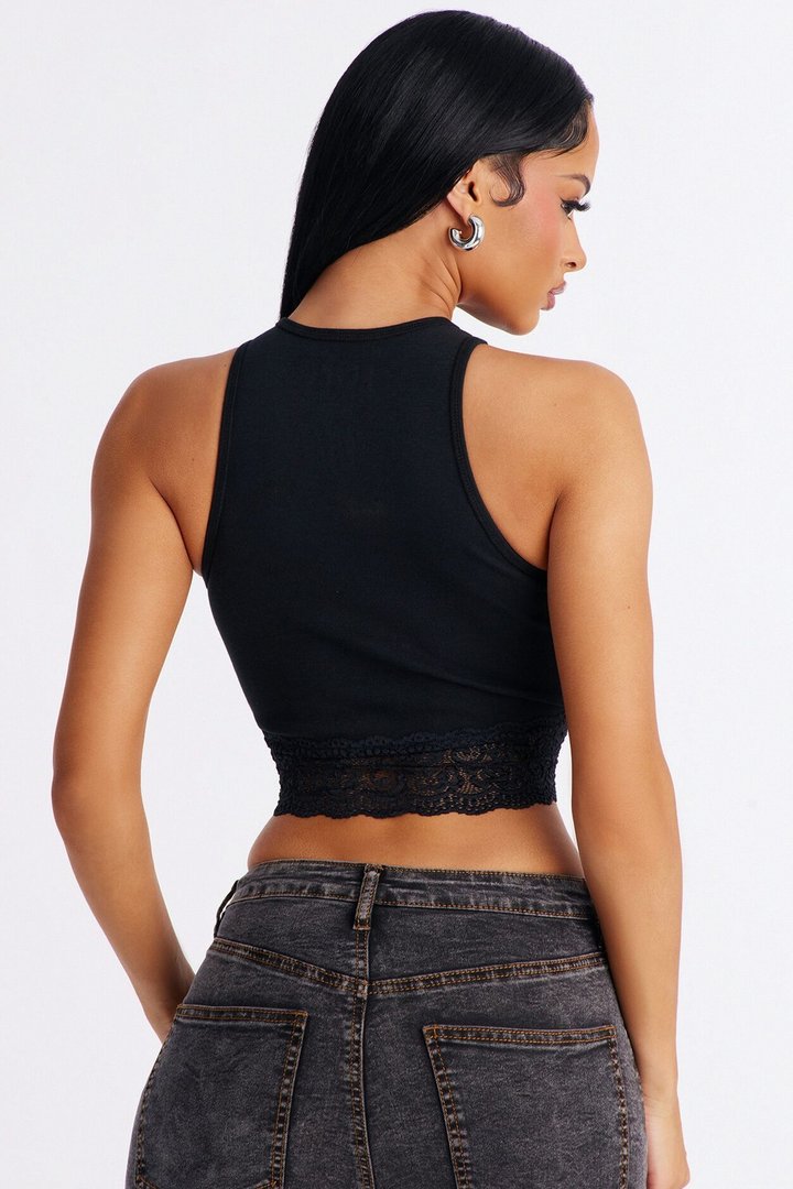 ACDC Cropped Muscle Tank With Lace Trim - Black