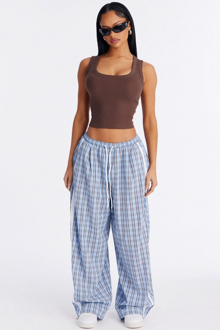 Kori Mid Rise Plaid Wide Leg Pant 31″ - Blue/combo