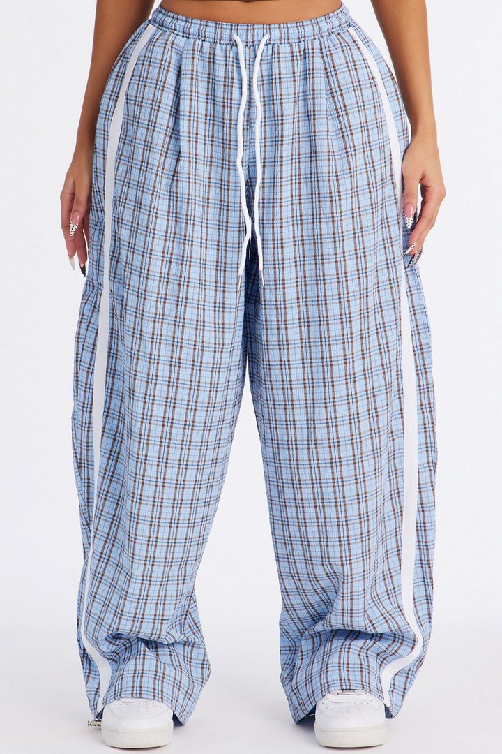 Kori Mid Rise Plaid Wide Leg Pant 31″ - Blue/combo