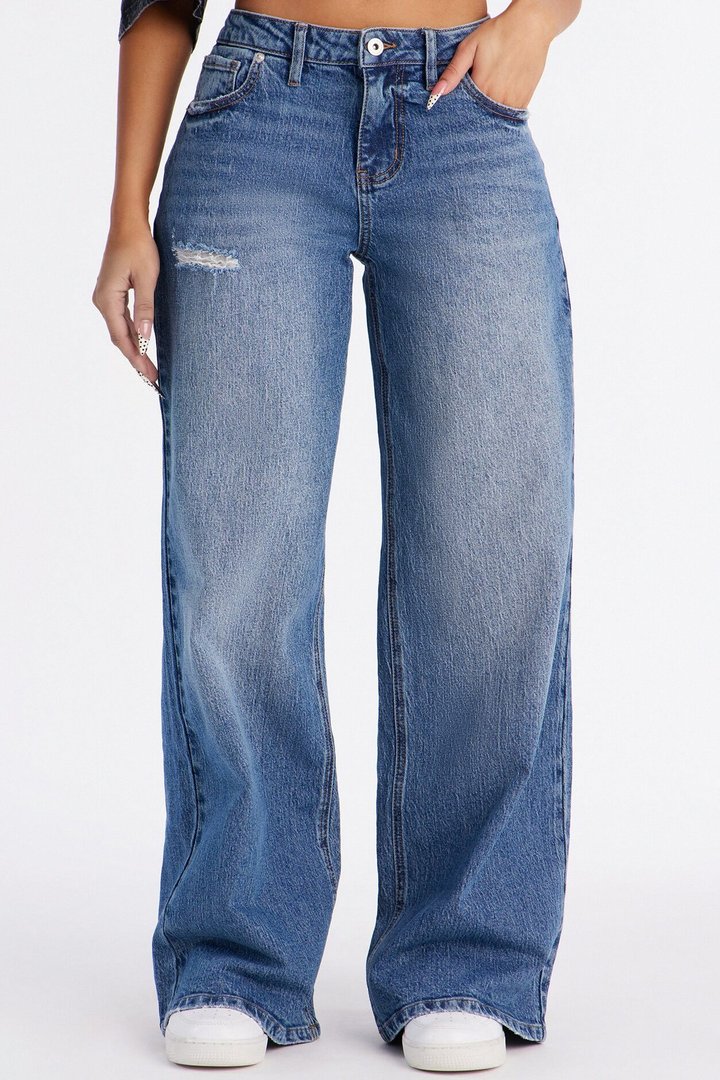 Still Going Strong Ripped Baggy Wide Leg Jeans - Medium Wash