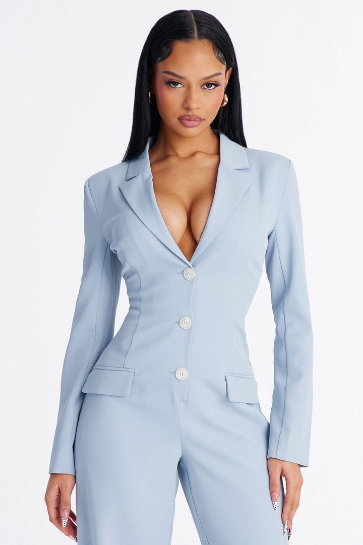 Office Hours Wide Leg Jumpsuit - Dusty Blue