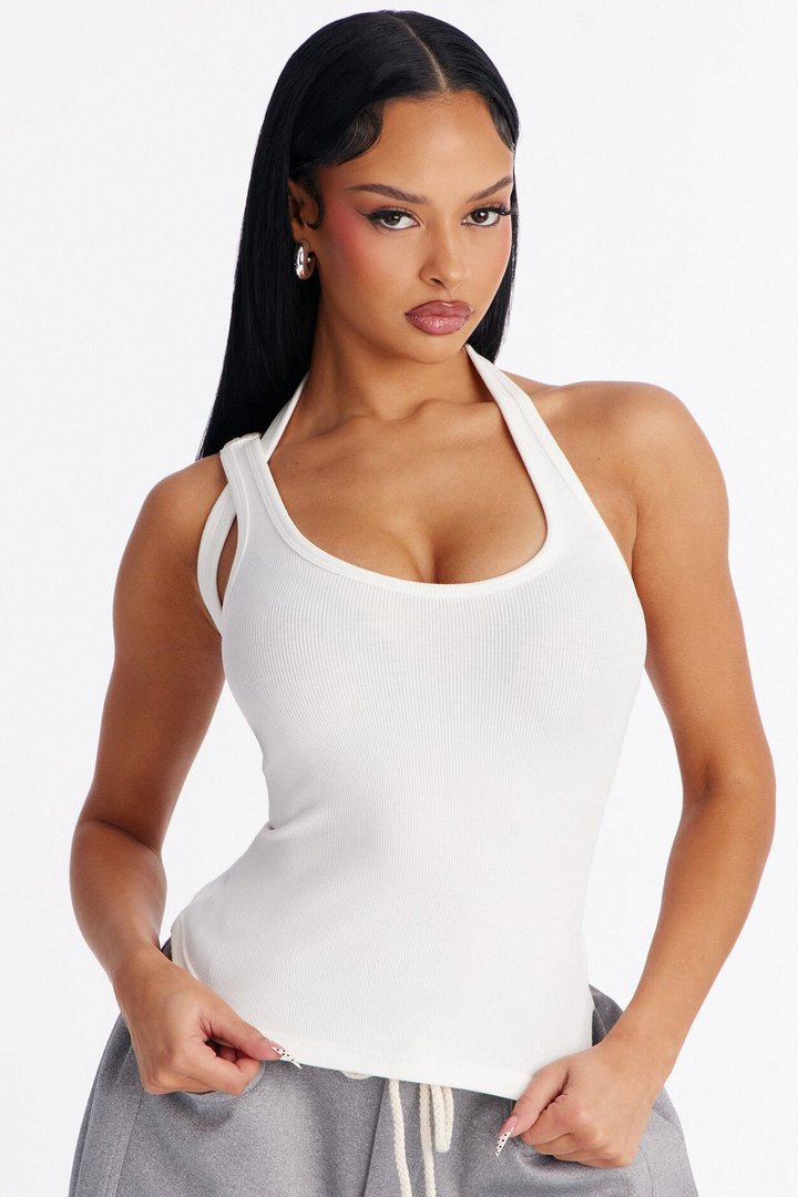 City Streets Ribbed Layered Off Shoulder Halter Top - White