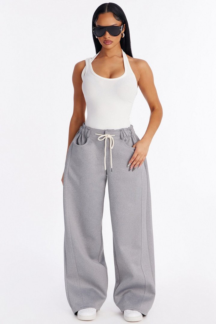 Don't Get Too Comfortable Low Rise Wide Leg Scuba Pant - Heather Grey