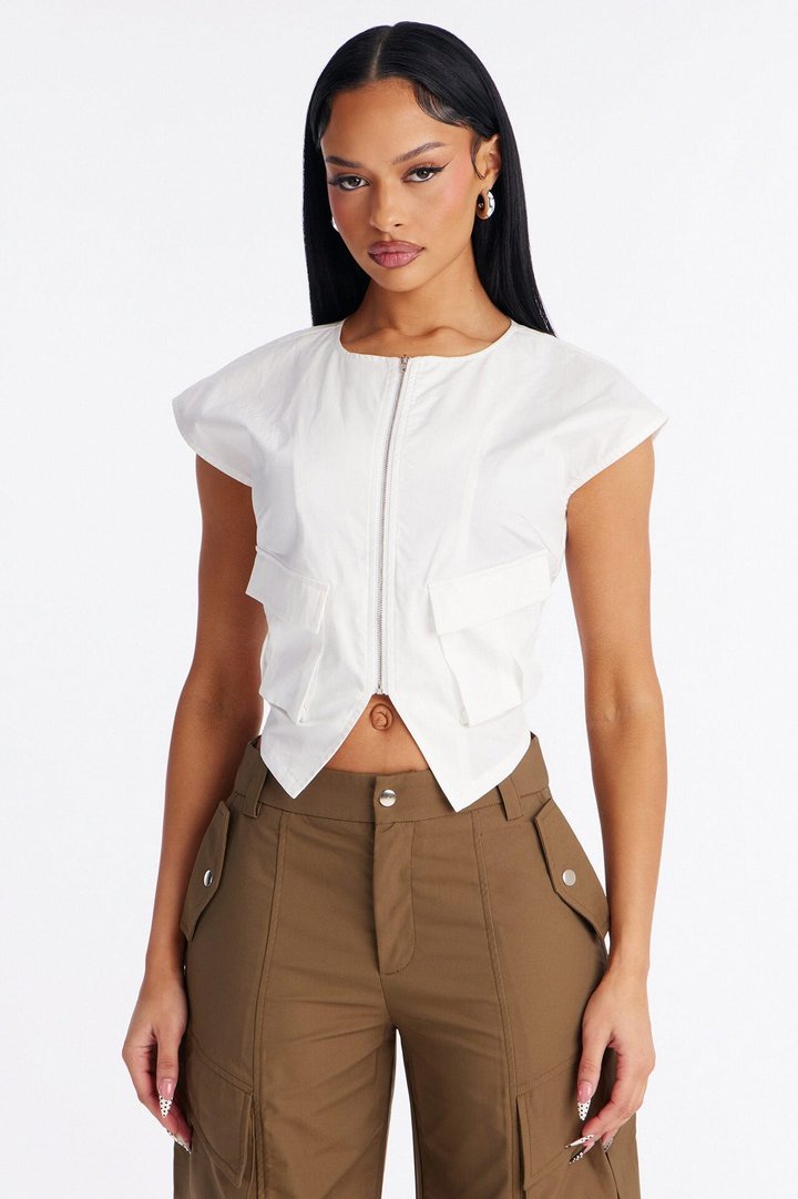 City Steps Front Zip Poplin Top - White