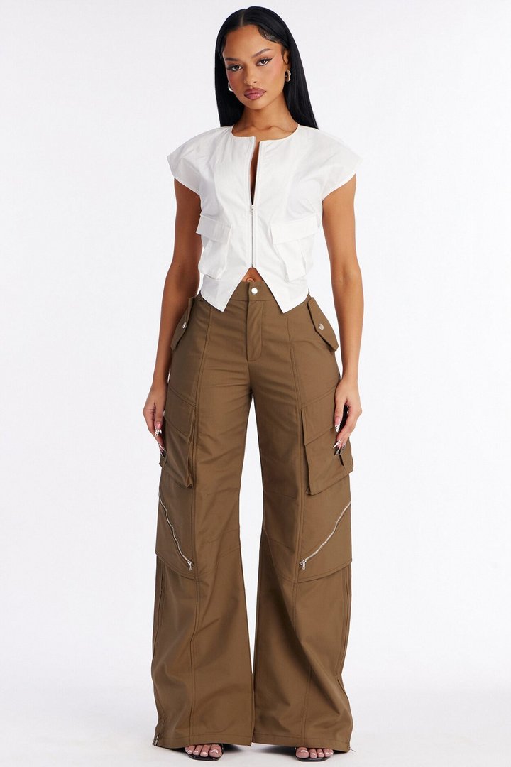 City Steps Front Zip Poplin Top - White